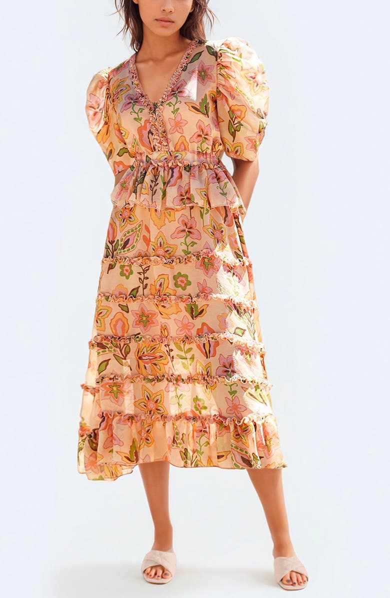 Jessie Zhao New York Gold Garden Metallic Midi Dress, Main, color, Orange