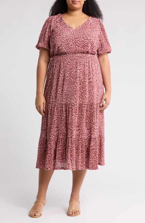 Leopard Print Short Sleeve Plissé Maxi Dress (Plus)