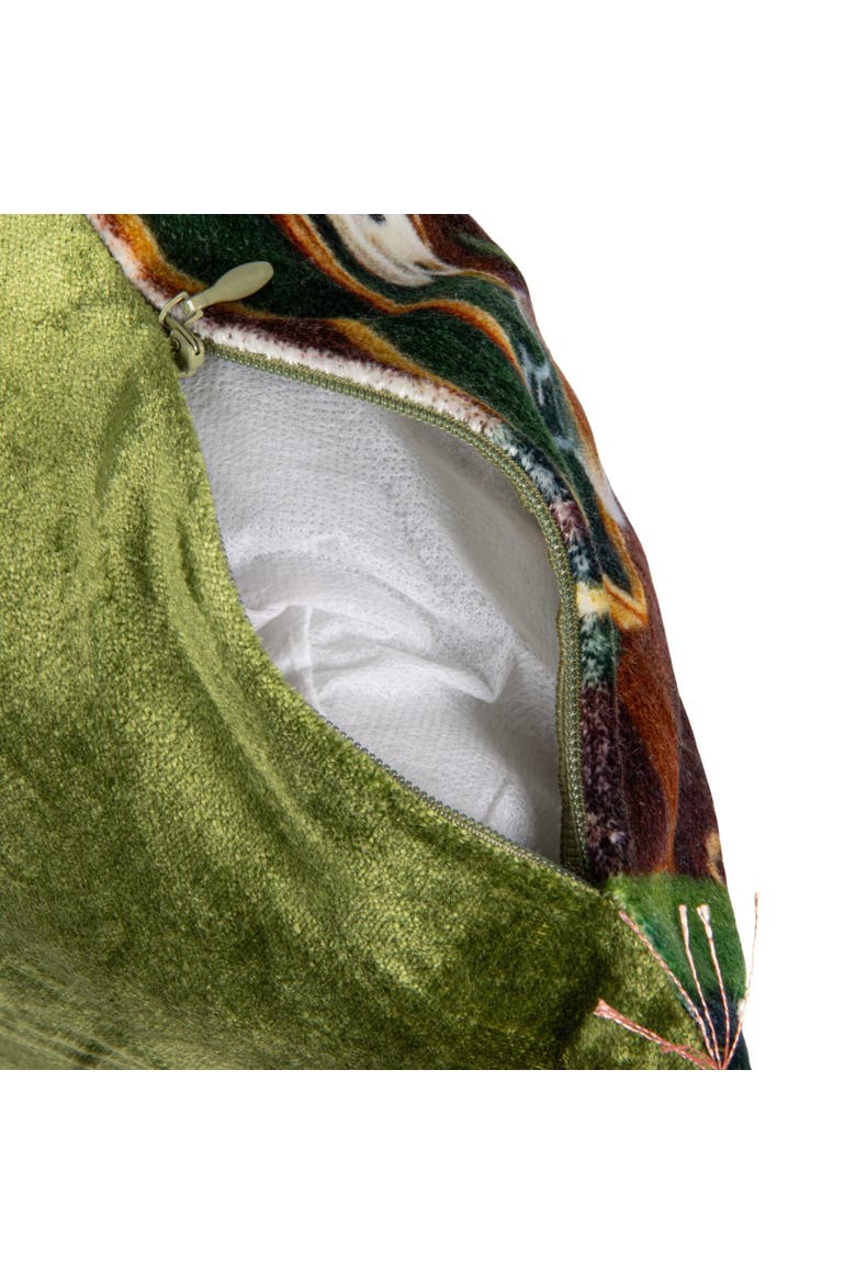 Cotton Blend Velvet Printed Lumbar Pillow with Cheetah Image and Eyelash Fringe, Multi Color, Alternate, color, Green