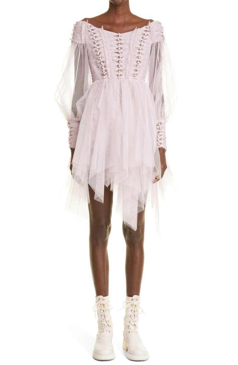 Zimmermann Rhythmic Off the Shoulder Long Sleeve Tulle Minidress, Main, color, 