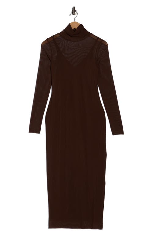 Afrm Los Angeles Marni Turtleneck Long Sleeve Mesh Dress In Brown