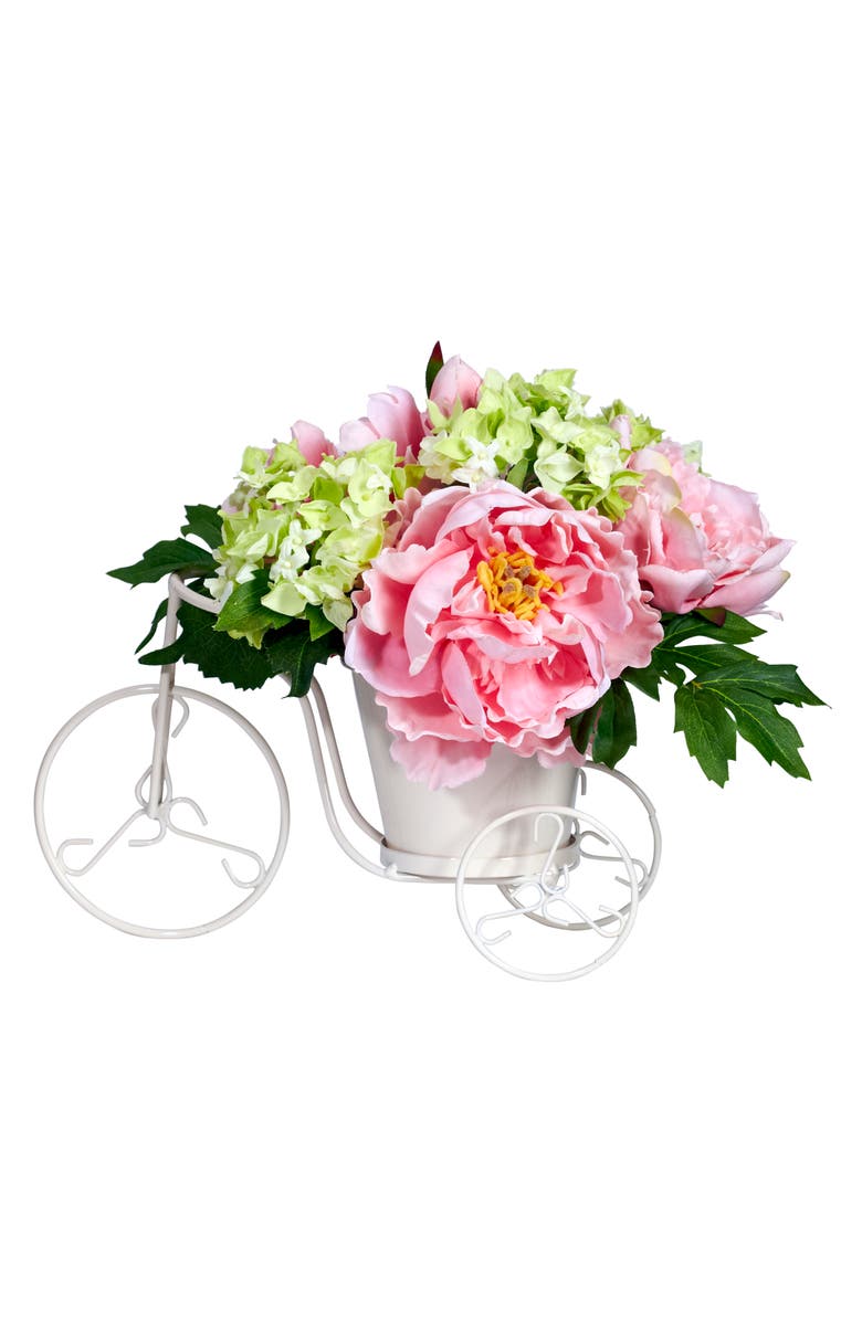 NEARLY NATURAL Peony & Hydrangea Tricycle Artificial Flower Arrangement, Main, color, Pink/Green