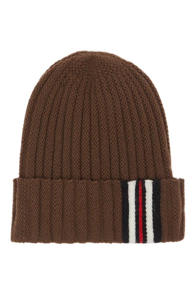 Stripe Cuff Ribbed Wool Beanie, Main, color, BRIDLE BROWN