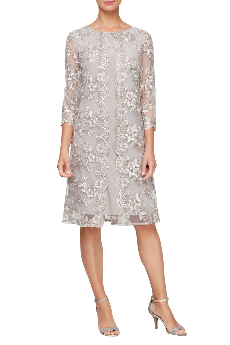 Embroidered Overlay Cocktail Dress, Main, color, TAUPE