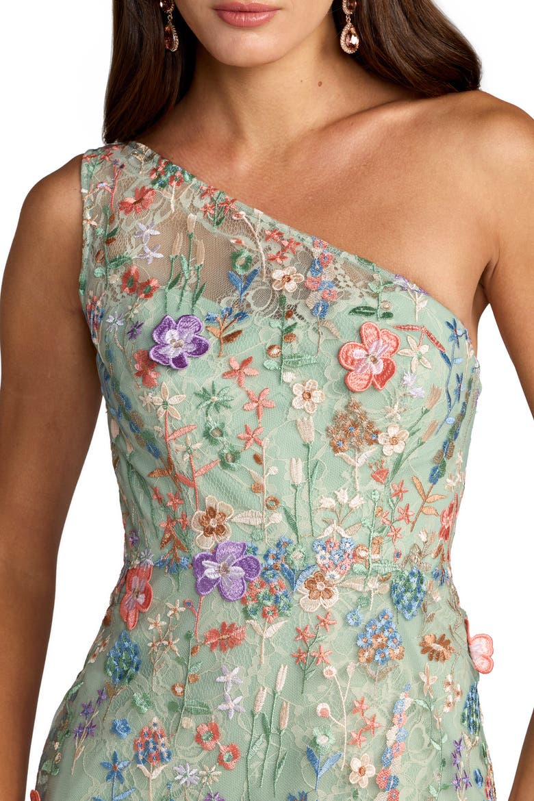 Petite One Shoulder Lace Embroidered Gown, Alternate, color, Sage Multi