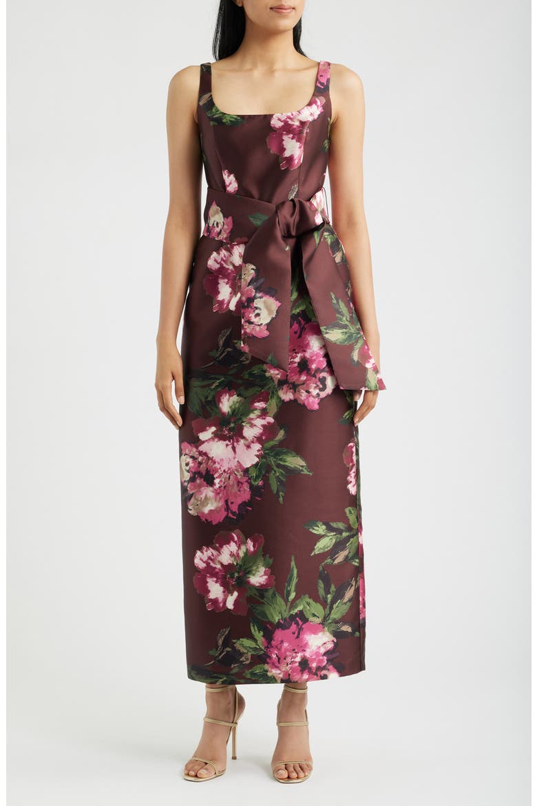 Floral Print Sleeveless Satin Gown, Main, color, WINE MULTI