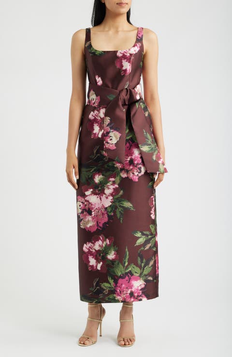 Floral Print Sleeveless Satin Gown