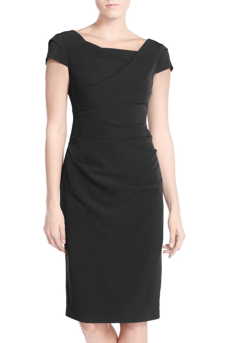 Ruched Matte Stretch Crepe Sheath Dress, Main, color, BLACK