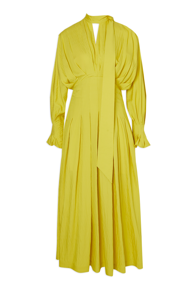 Pleated Neck Tie Detail Woven Maxi Dress, Alternate, color, Chartreuse