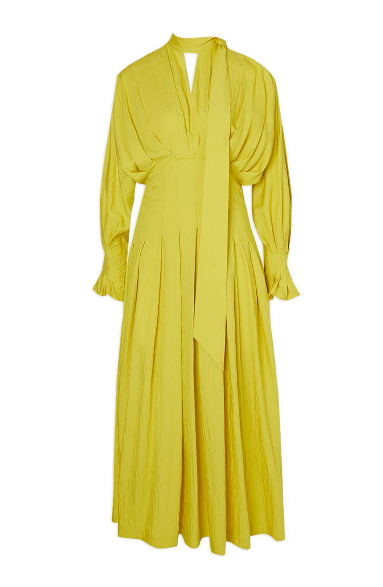 Karen Millen Pleated Neck Tie Detail Woven Maxi Dress, Alternate, color, Chartreuse