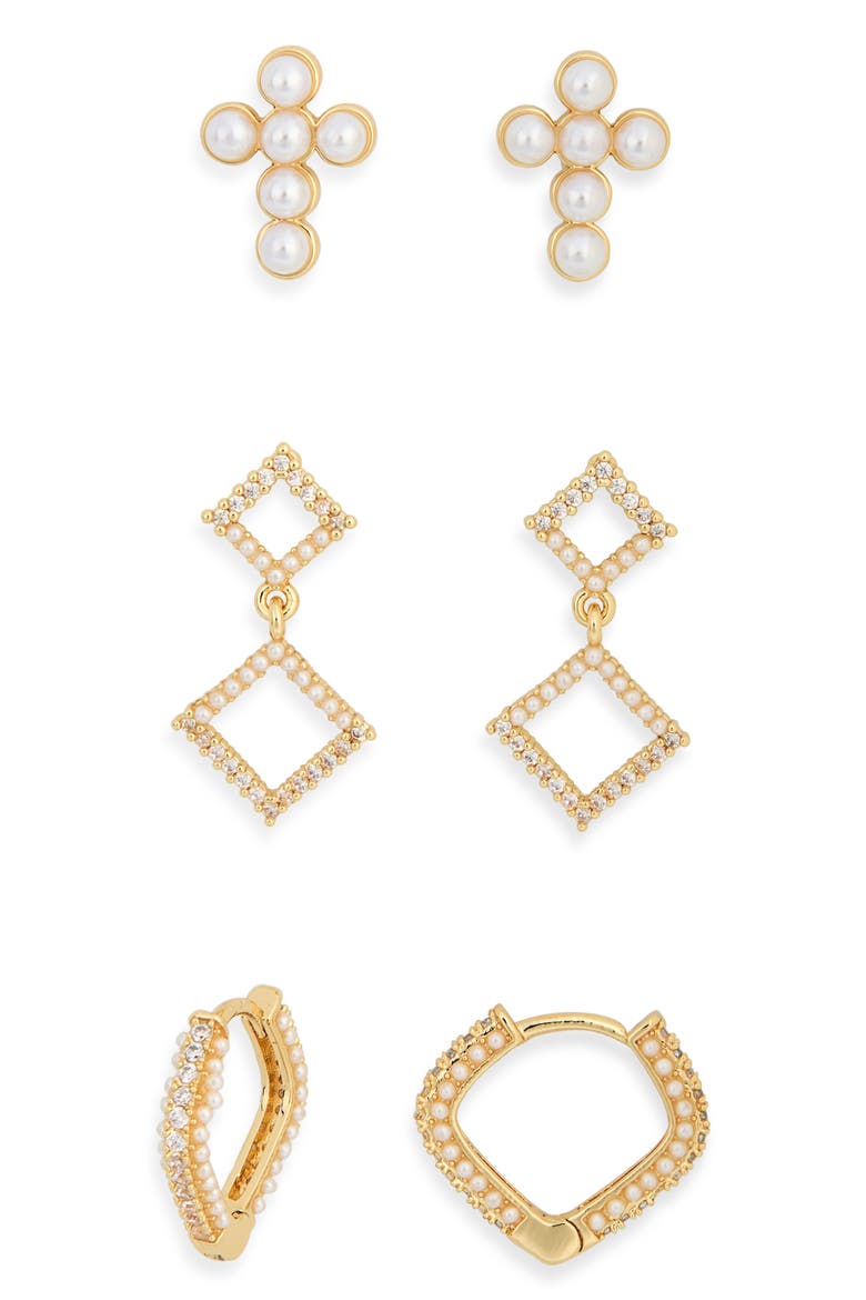 3-Pack Faux Pearl Cross Earrings, Alternate, color, CLEAR- WHITE- GOLD