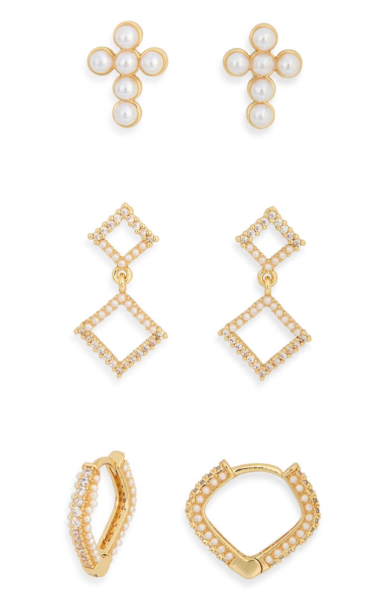 Leith 3-Pack Faux Pearl Cross Earrings, Alternate, color, Clear- White- Gold