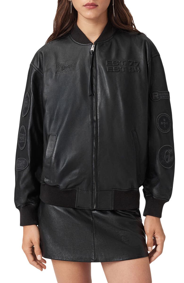 AllSaints Williams F1 Racing x AllSaints Belle Leather Bomber Jacket, Main, color, Black
