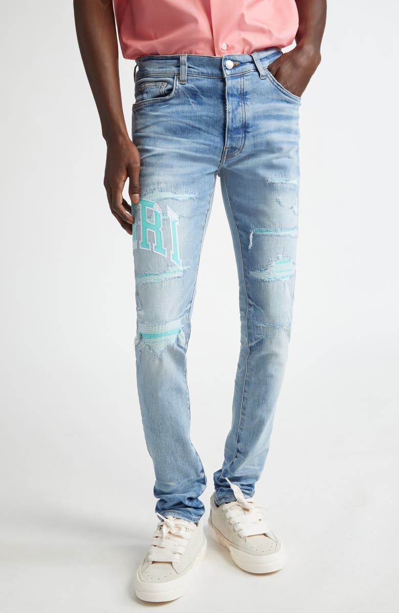 AMIRI Varsity Logo Rip & Repair Skinny Fit Jeans, Main, color, Perfect Indigo