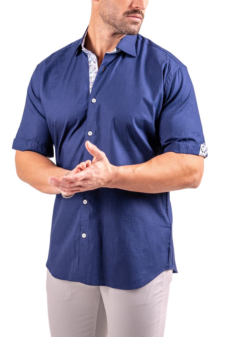 Galileo Resistance0143 Blue Geo Jacquard Short Sleeve Cotton Button-Up Shirt, Alternate, color, BLUE