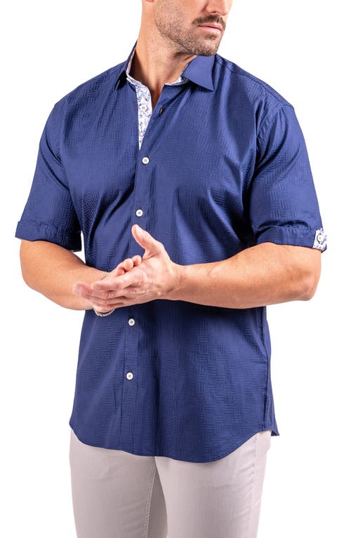 Maceoo Galileo Resistance0143 Blue Geo Jacquard Short Sleeve Cotton Button-up Shirt