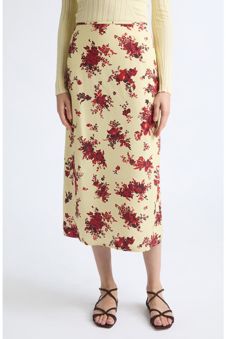 Floral Print Fluid Satin Midi Skirt, Main, color, RUBY YELLOW
