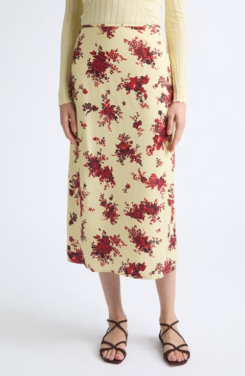 Floral Print Fluid Satin Midi Skirt