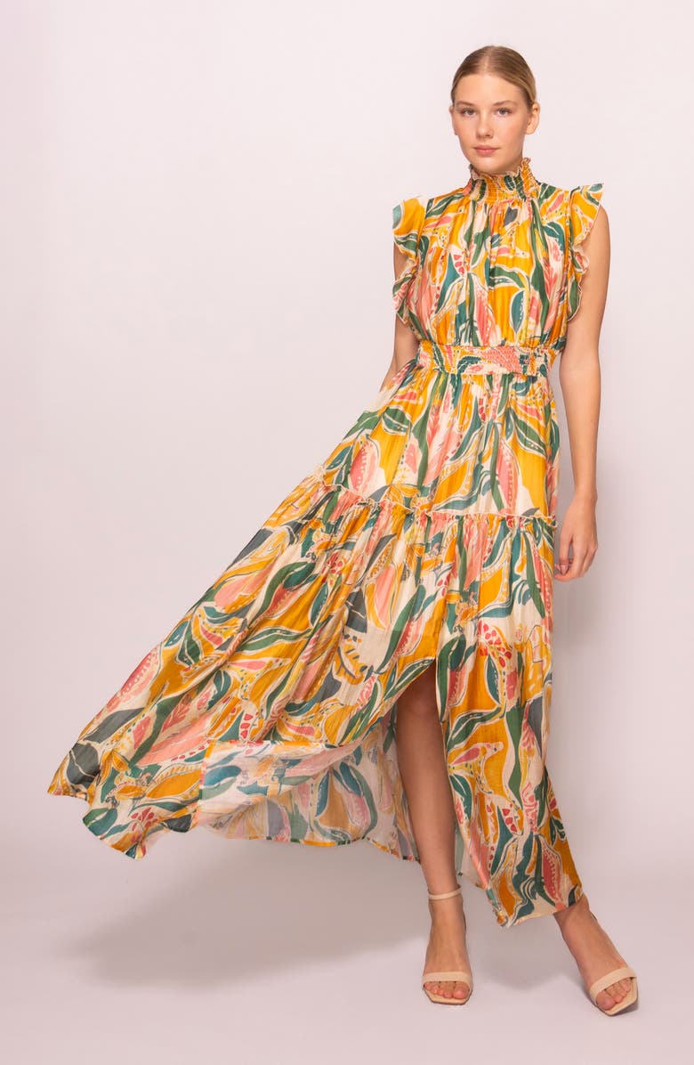 MELLODAY Floral Flutter Sleeve Maxi Dress, Alternate, color, Yellow Multi