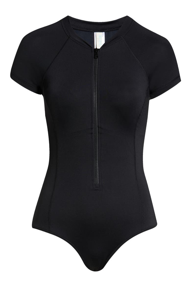 Short Sleeve Multifit Front Zip One-Piece Swimsuit, Alternate, color, BLACK