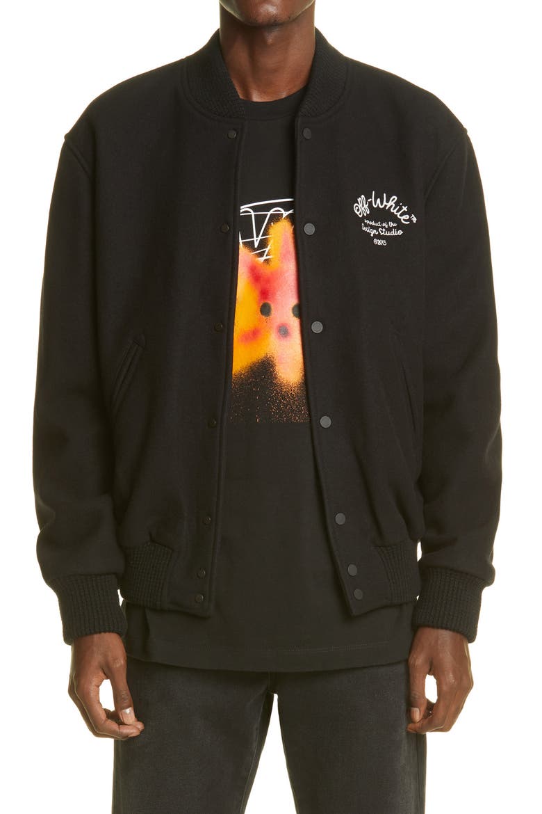 Logo Arrow Wool Blend Varsity Jacket, Main, color, BLACK WHITE
