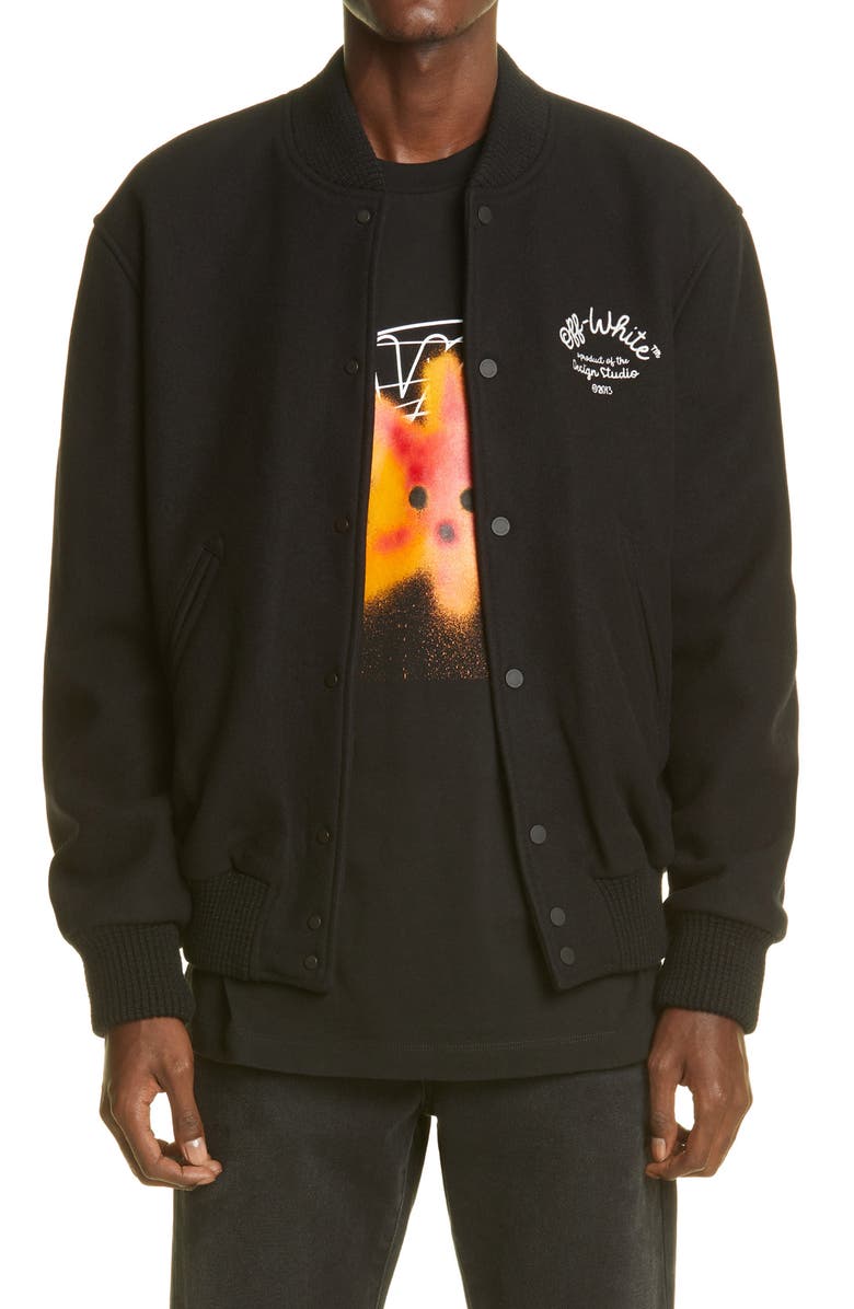 Off-White Logo Arrow Wool Blend Varsity Jacket, Main, color,