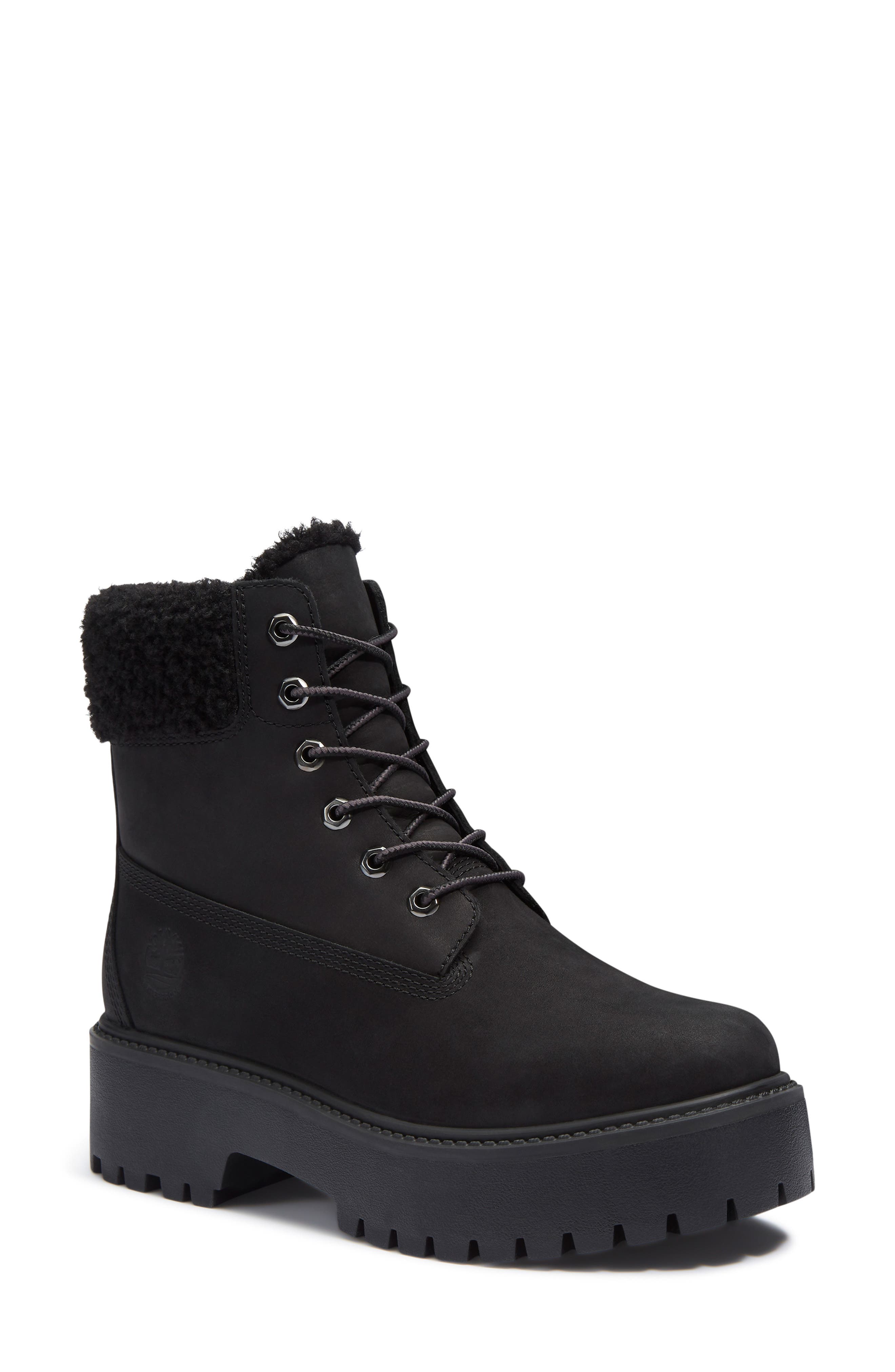 Timberland Stone Street Waterproof Faux Fur Lined Platform Boot, Main, color, Black Nubuck