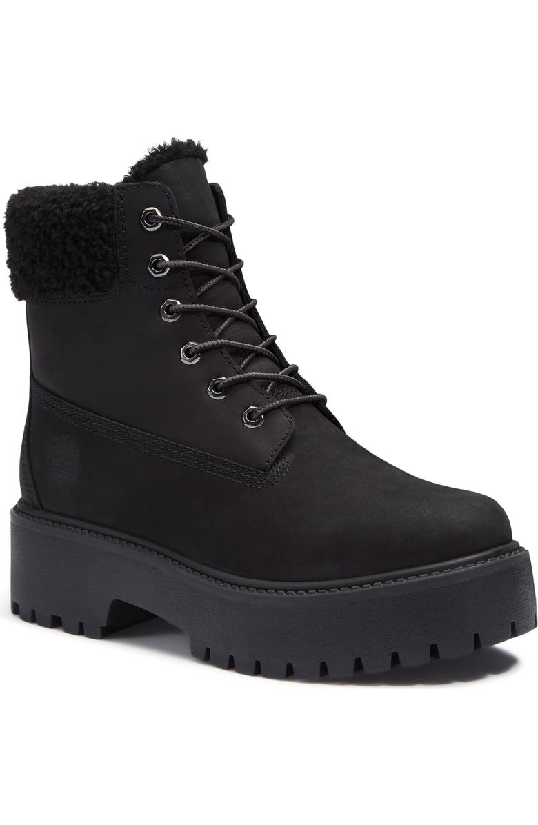 Timberland Stone Street Waterproof Faux Fur Lined Platform Boot, Main, color, Black Nubuck