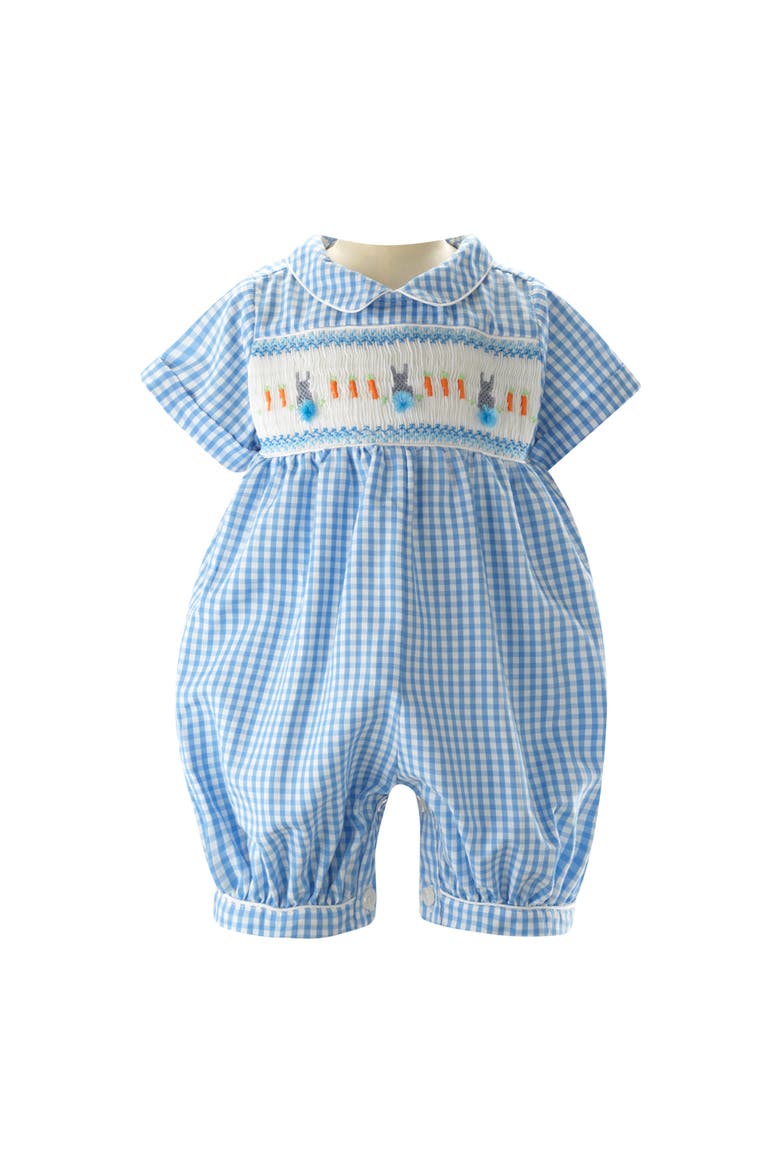 Gingham Bunny Smocked Babysuit, Main, color, Blue
