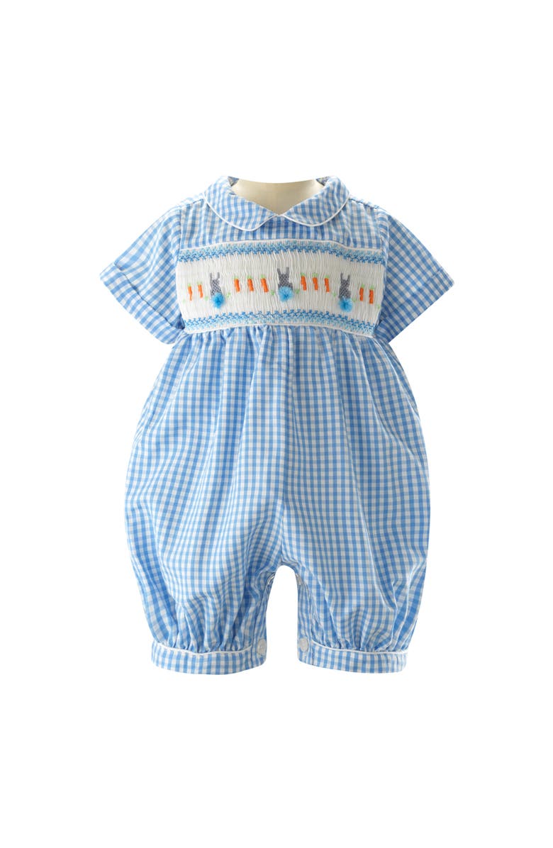 Rachel Riley Gingham Bunny Smocked Babysuit, Main, color, Blue