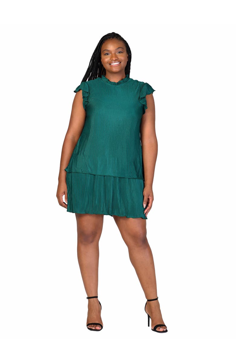 24seven Comfort Apparel Ruffle Cap Sleeve High Neck Pleated Tiered Mini Dress, Main, color, Hunter