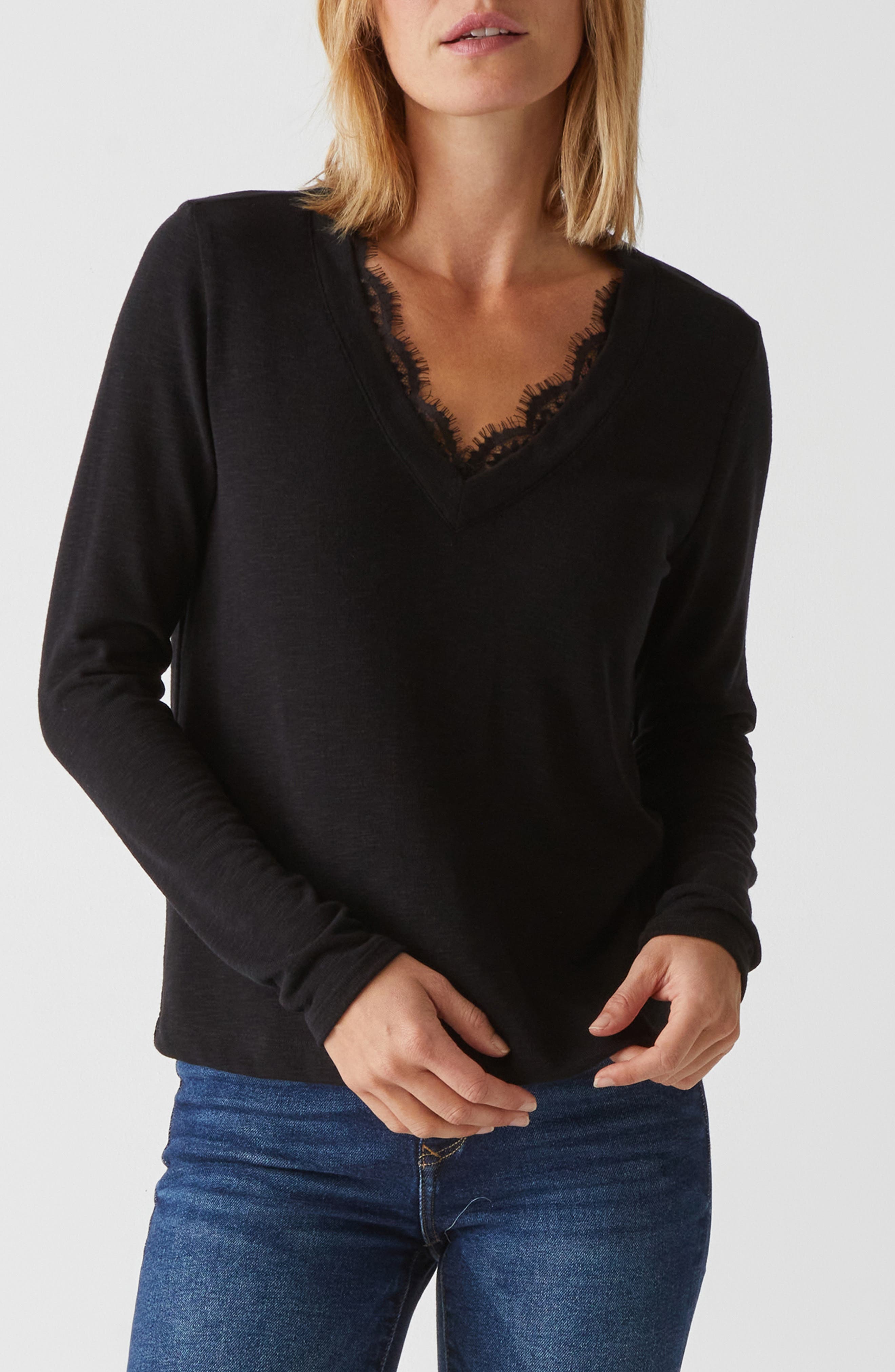 Michael Stars Bebe Lace Trim Relaxed Top In Black