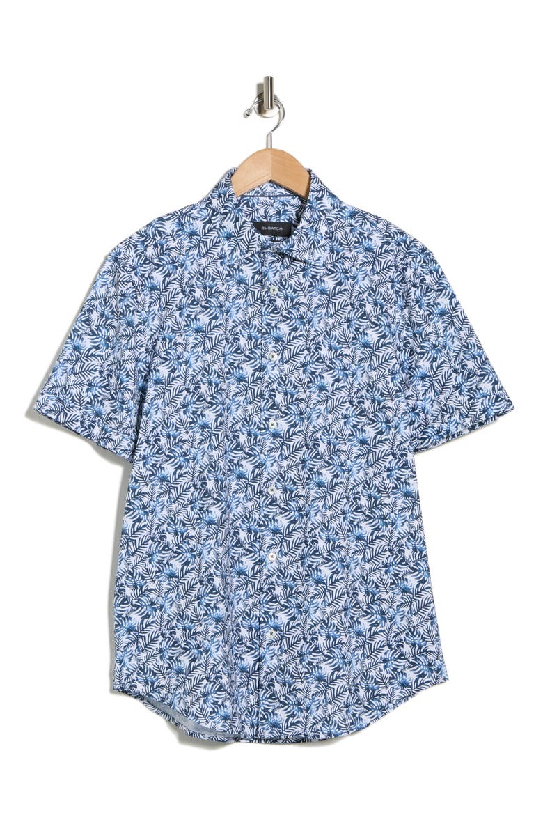 Print Short Sleeve Button-Up Shirt, Alternate, color, NAVY