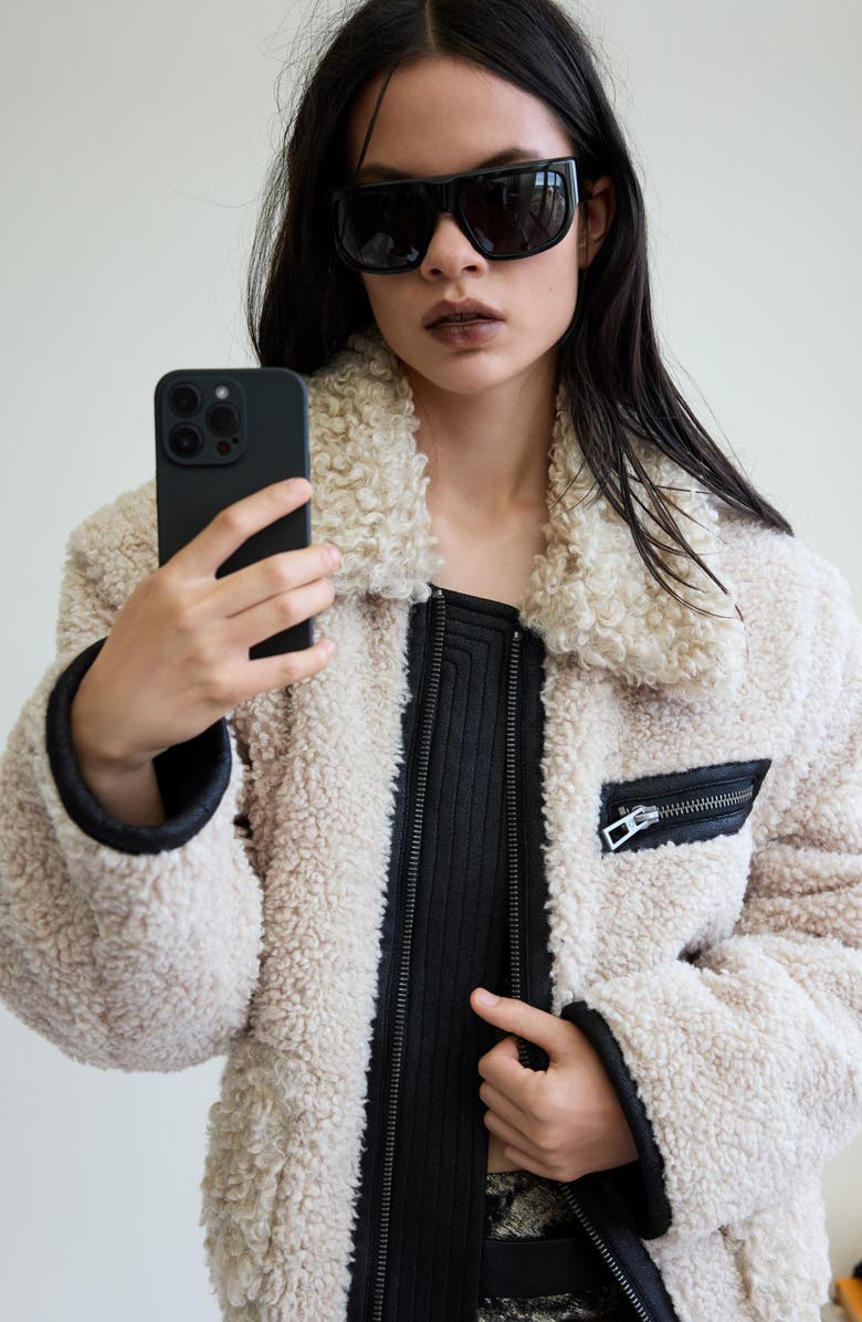 Desigual Faux Shearling Bomber Jacket, Alternate, color, Beige