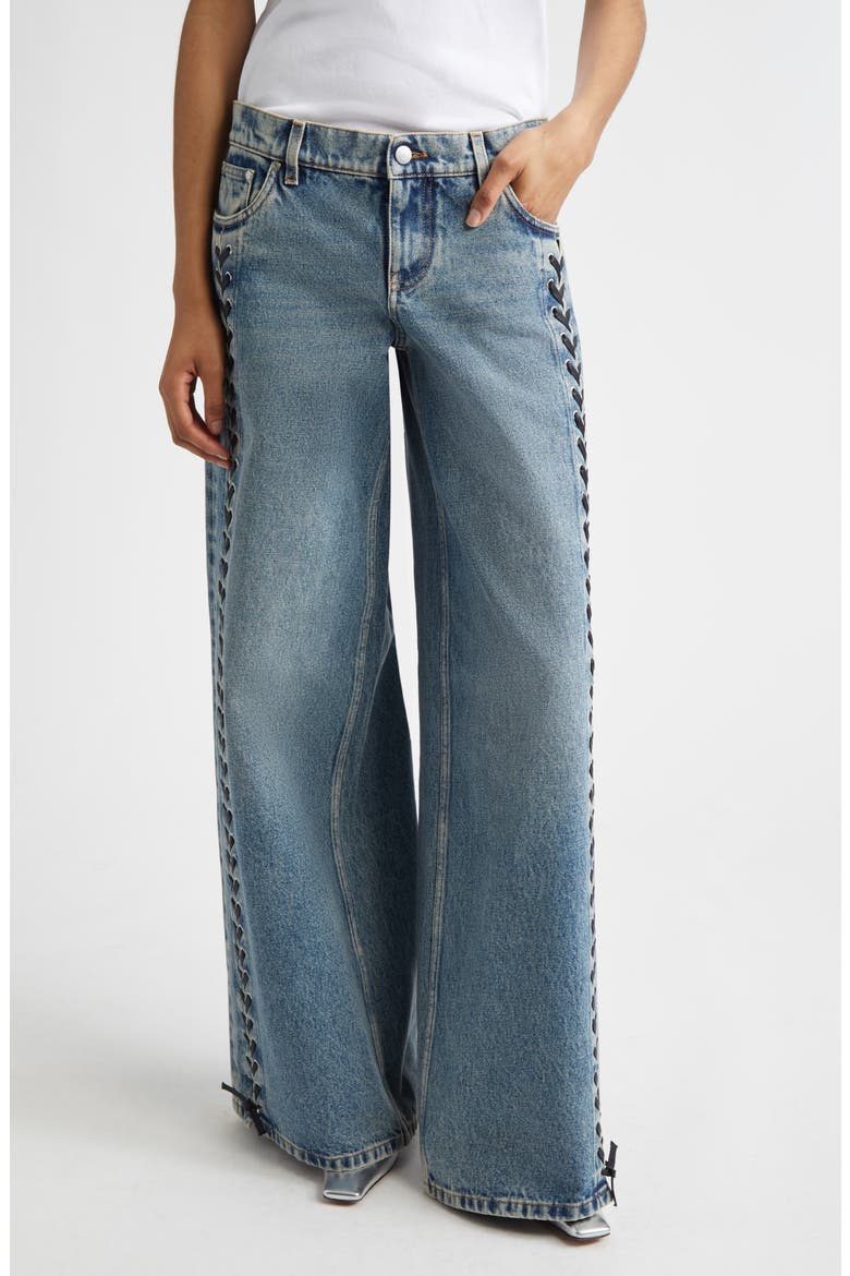 Lacing Denim Wide Leg Jeans, Main, color, MID BLUE