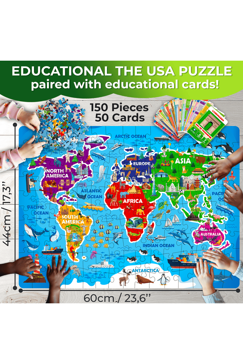 Kids Jigsaw Puzzles - 70 & 150 Piece Search & Find Riddle Puzzles with Flashcards, Alternate, color, 150Pcs World Map