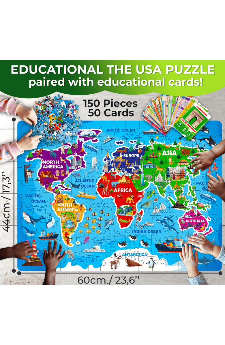 Quokka Search & Find Riddle Puzzles for Kids - 70 & 150 Piece Jigsaw Puzzles with Flashcards, Alternate, color, 150Pcs World Map