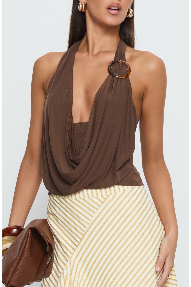 Lanelle Ring Detail Cowl Neck Halter Top, Main, color, CHOCOLATE