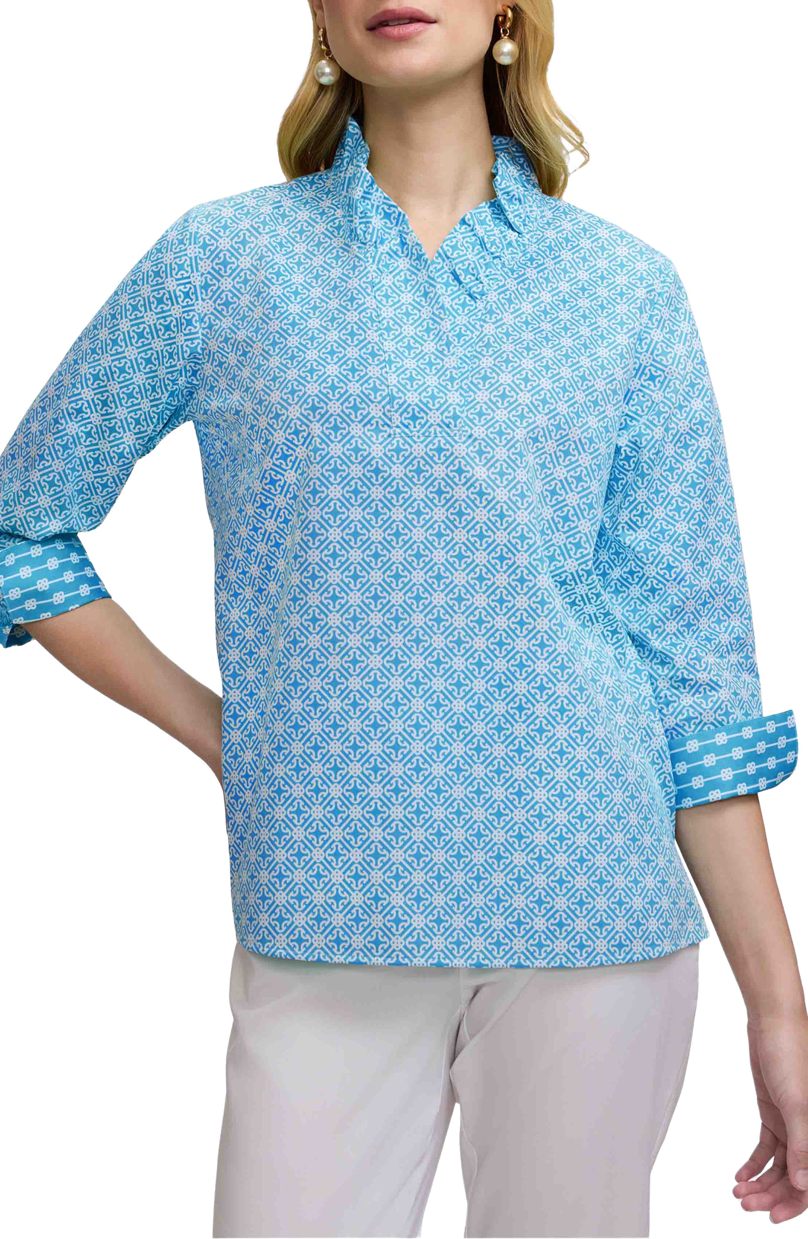 Tammy Geo Lattice Print Ruffle Collar Top - image 3