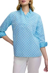 Foxcroft Tammy Geo Lattice Print Ruffle Collar Top