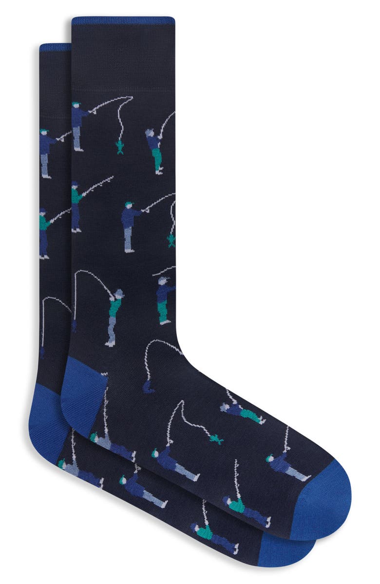 Bugatchi Fisherman Mercerized Cotton Blend Dress Socks, Main, color, Navy