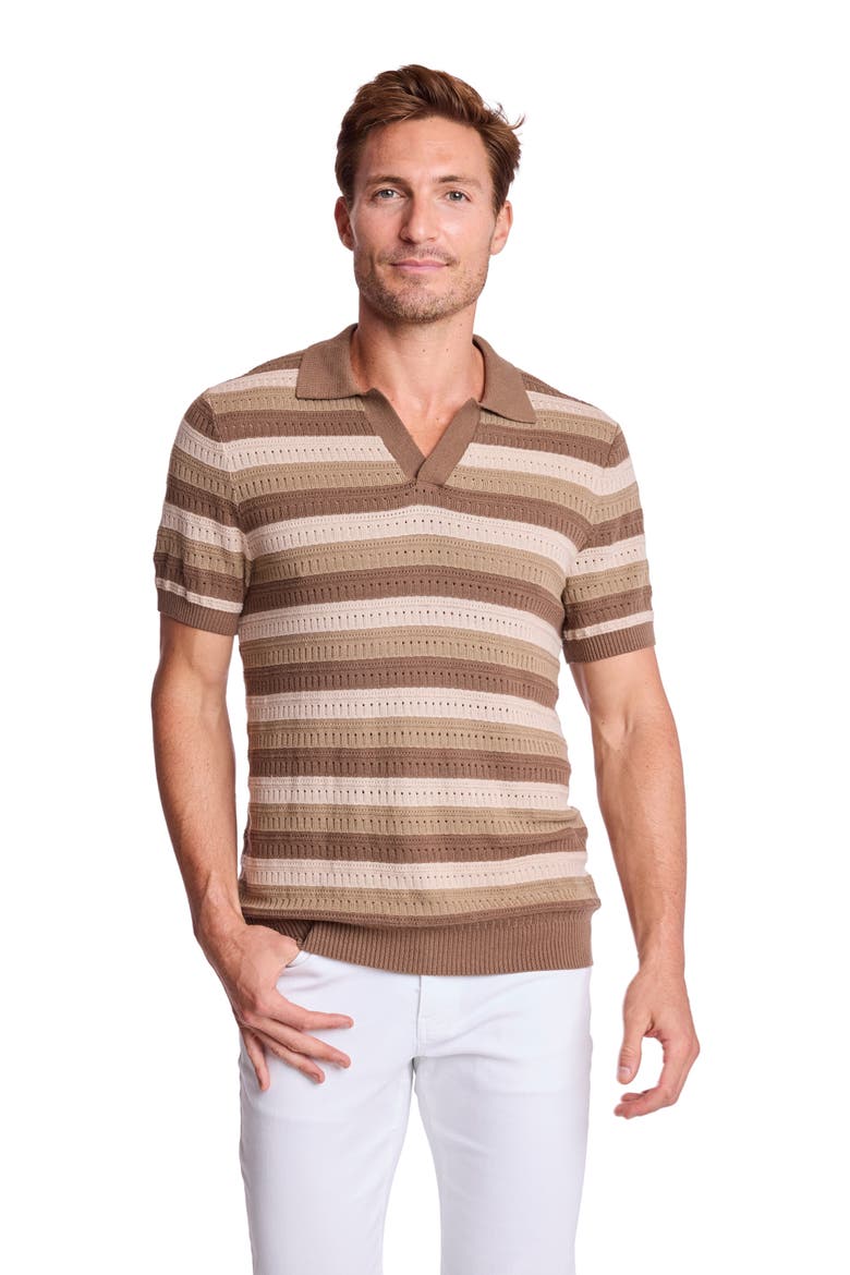 Trim Fit Johnny Collar Stripe Knit Polo, Alternate, color, MAPLE OATMEAL