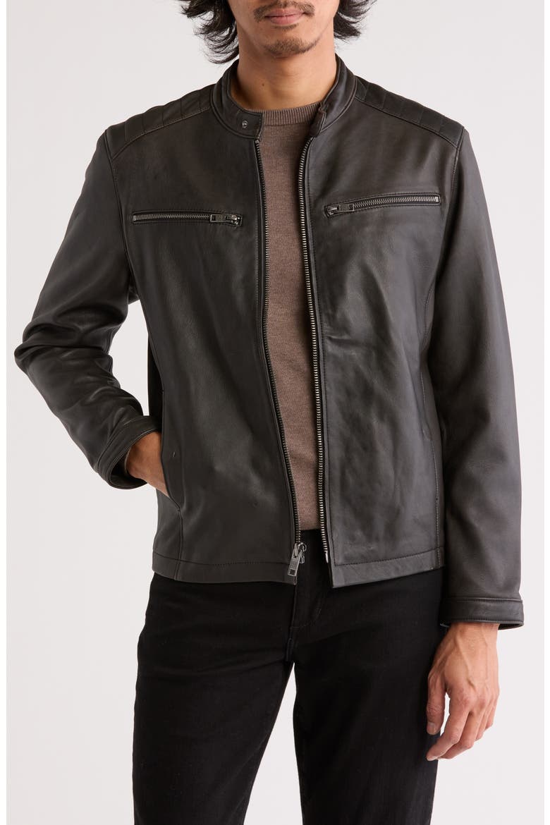Cafe Racer Leather Jacket, Main, color, BLACK