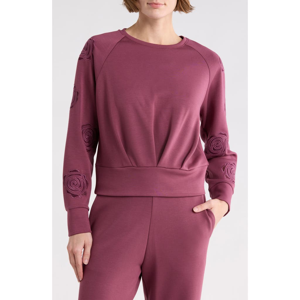 T Tahari Rose Embroidered Scuba Knit Crewneck Top