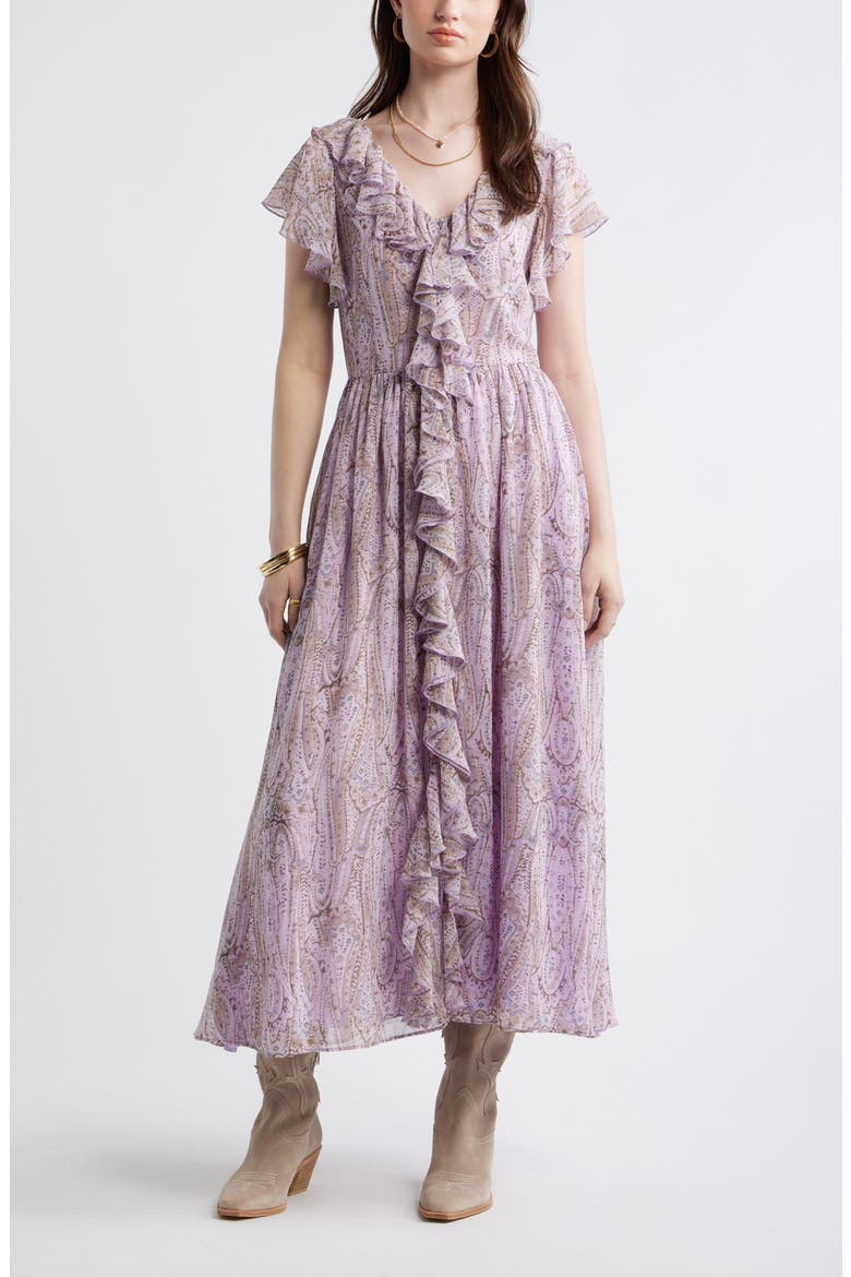 Ruffle V-Neck Maxi Dress, Main, color, PURPLE- BLUE ANTIQUE PAISLEY