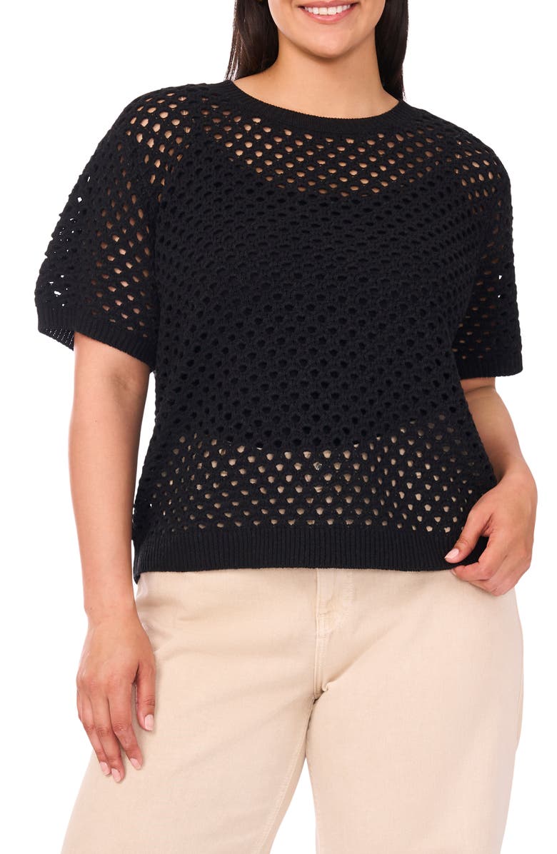 Vince Camuto Open Stitch Short Sleeve Sweater, Main, color, Rich Black