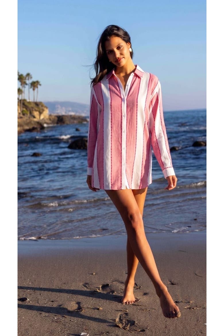 Positano Shirt Dress Cover-Up, Alternate, color, Pink Stripes with Dots