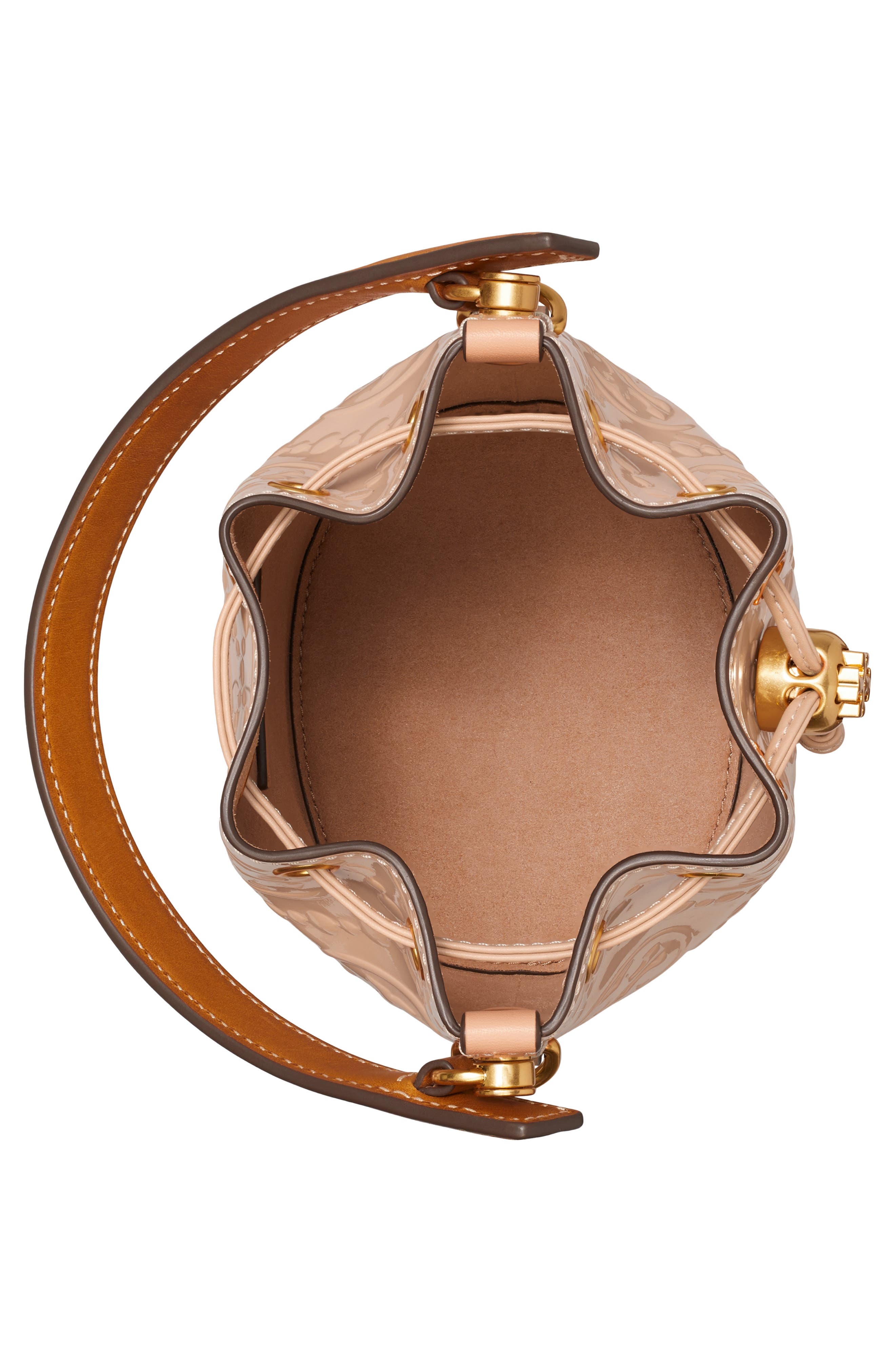 Tory Burch Mini T Monogram Embossed Patent Leather Bucket Bag, Alternate, color, 