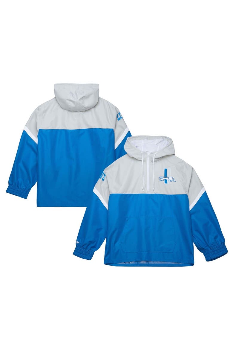 Men's Mitchell & Ness Silver/Blue Detroit Lions Tie Breaker Vintage Logo Lightweight Anorak Half-Zip Windbreaker, Main, color, Silver