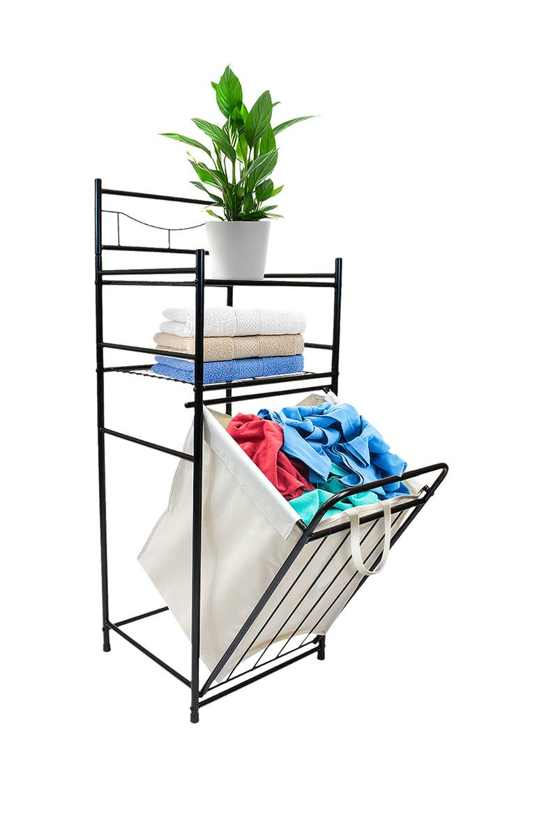 SORBUS Bathroom Tower Shelf with Hamper - Black, Alternate, color, 